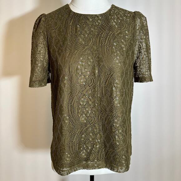 Liz Claiborne Moss Green Short Puff Sleeve Keyhole Lace Blouse Womens Size Small - Picture 1 of 8